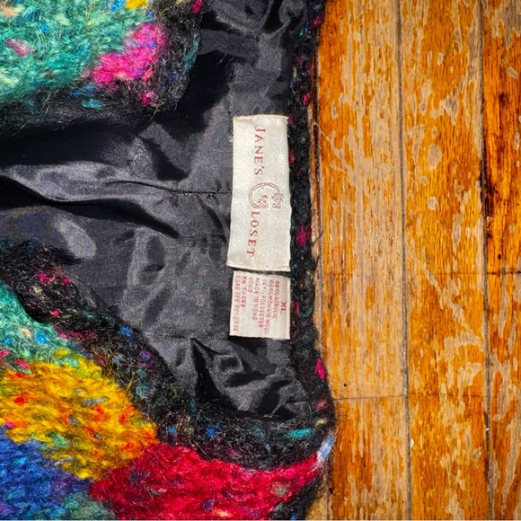 Vintage Jane's Closet Fuzzy Diamond Wool Blend Colorful Knit Cardigan Sweater XL - Picture 2 of 4
